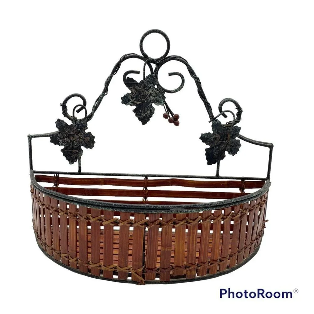 Wall Pocket Basket Semicircle Wood Slat Metal Grape Leaf Scroll French Country‎
